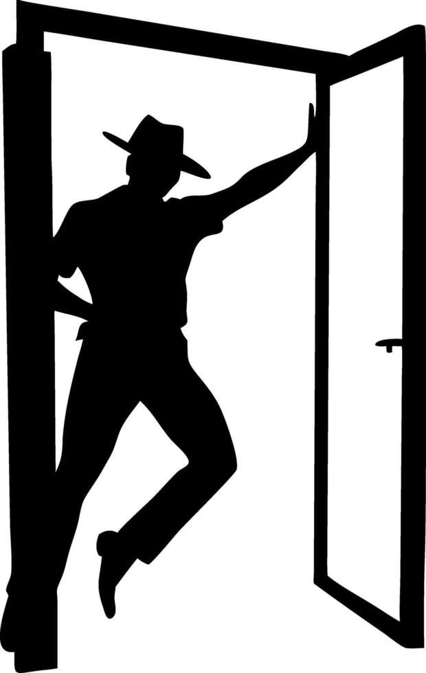 Silhouette of Man in Hat Stylishly Leaning Against Open Doorway vector