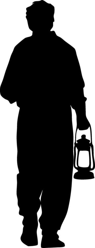 Silhouette of Man Holding Lantern Walking Alone Illustration vector