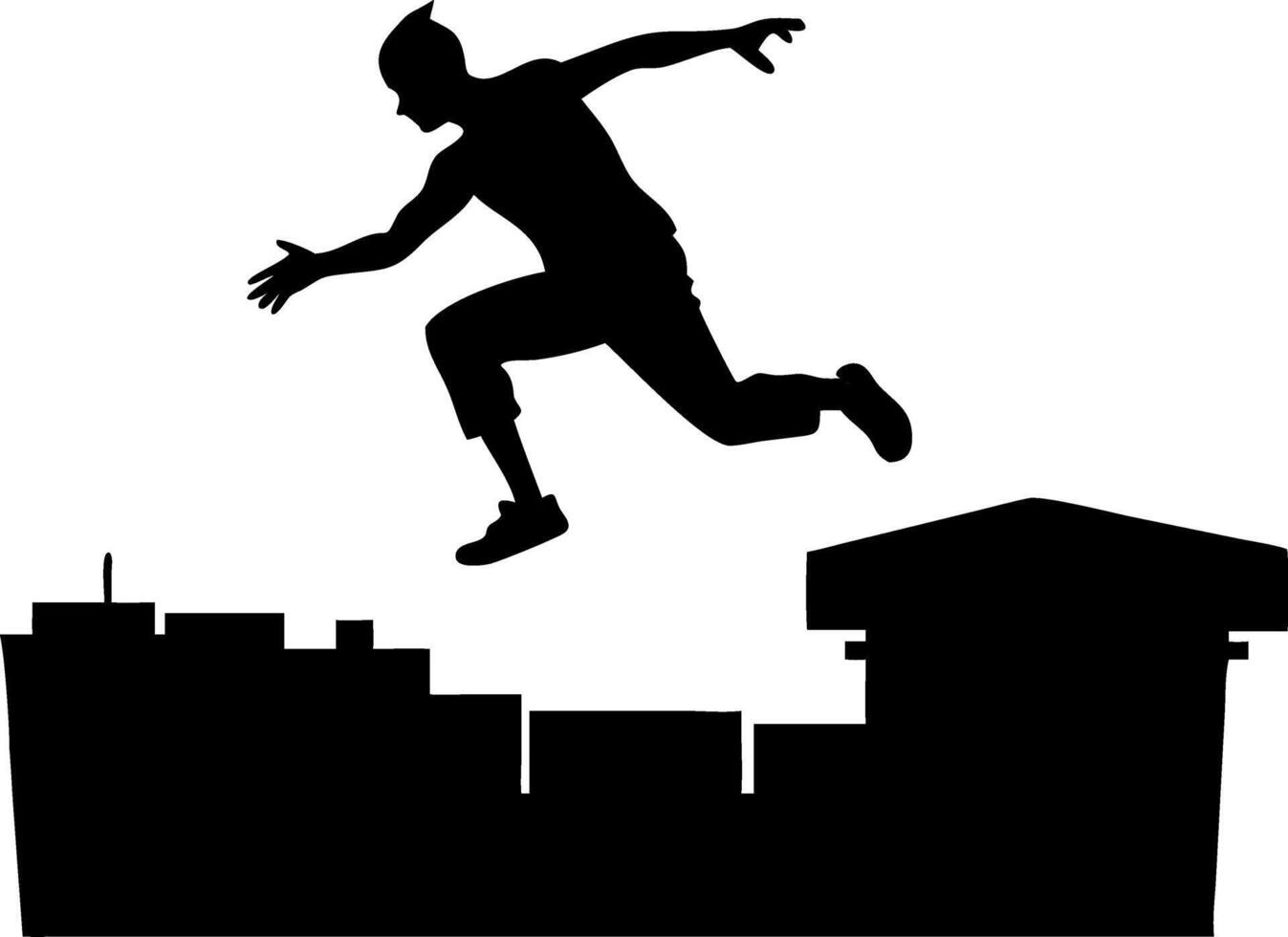 Silhouette of Man Performing Parkour Leap Over City Rooftops Dynamic Illustration vector