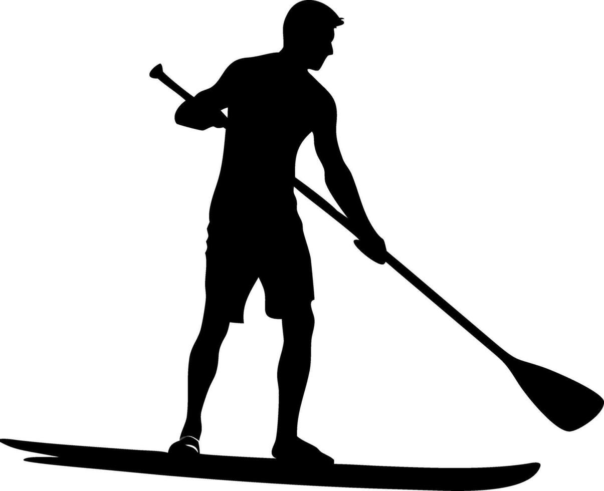 Silhouette of Man Paddleboarding on Calm Waters Outdoor Adventure vector