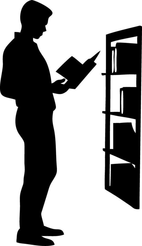 Silhouette of Man Reading Book at Bookshelf Illustration for Education and Library Themes vector