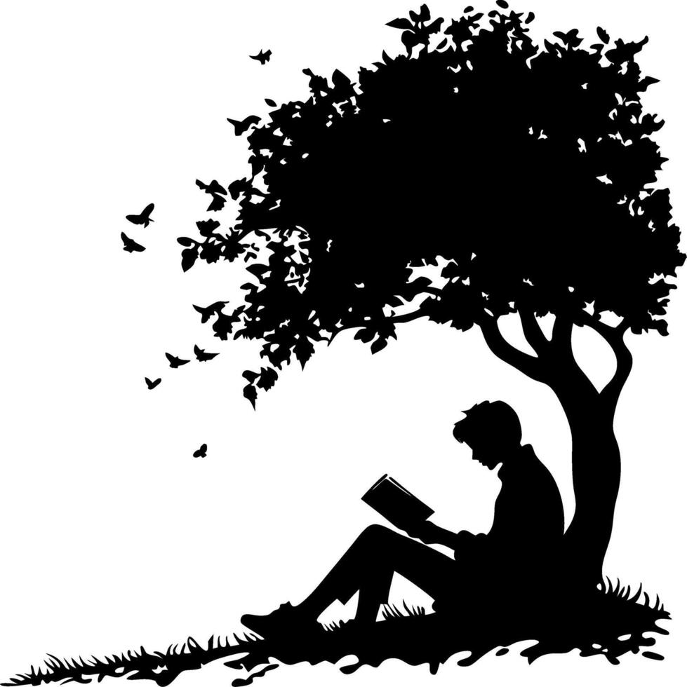 Silhouette of Man Reading Under Tree with Flying Birds Ideal for Book Covers and Posters vector