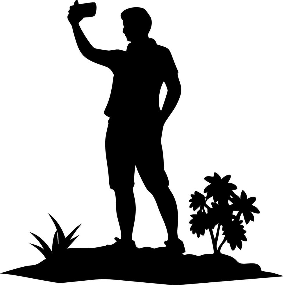 Silhouette of Man Taking Selfie Outdoors with Nature Elements Illustration vector