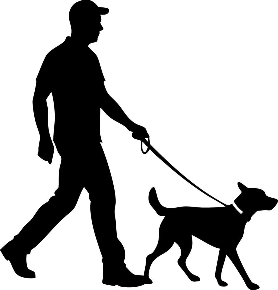 Silhouette of Man Walking Dog on Leash Outdoor Leisure Activity vector
