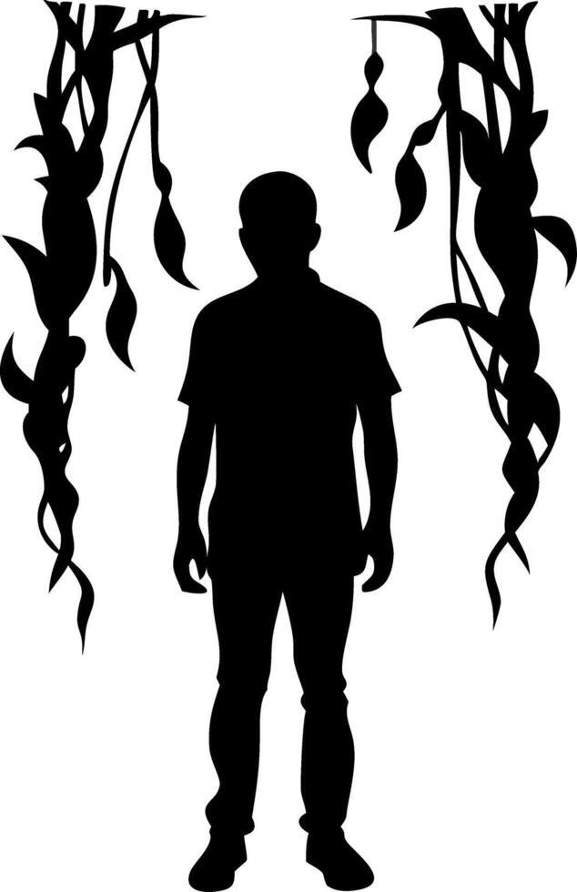 Silhouette of Man with Hanging Vines for Art and Design Projects vector