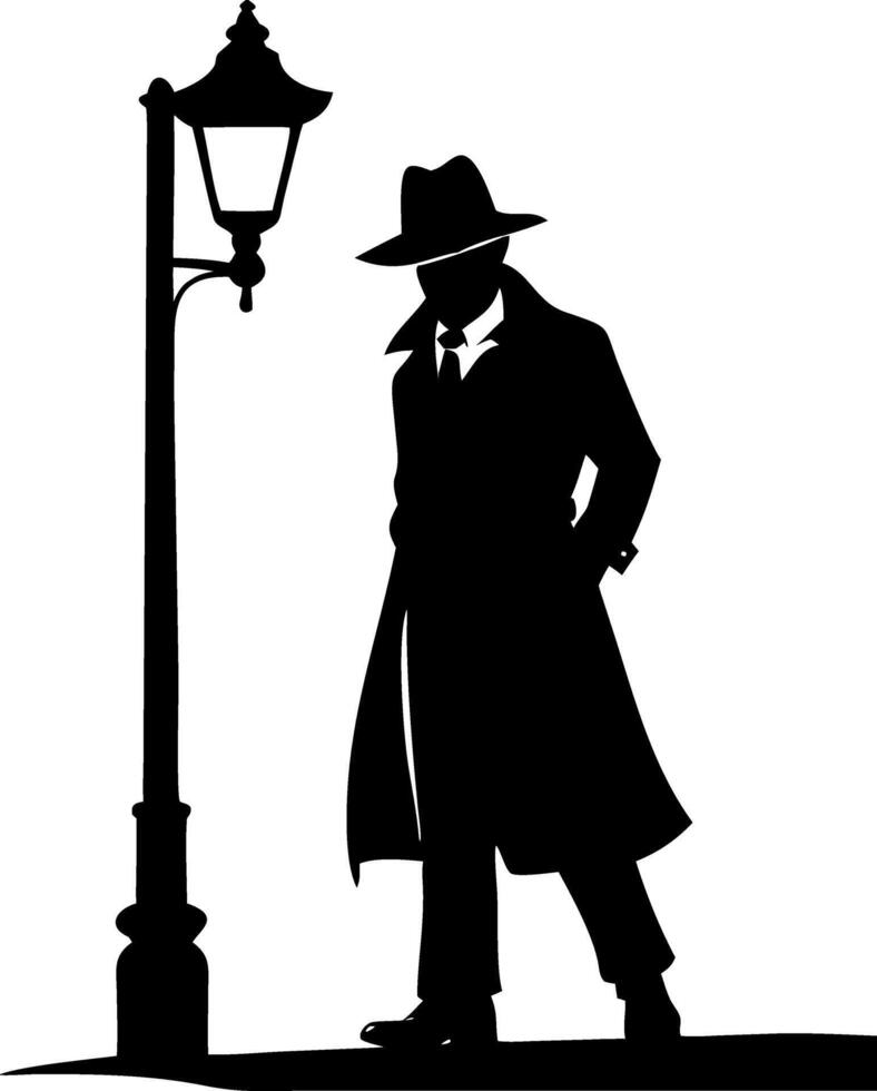 Silhouette of Mysterious Man under Street Lamp Noir Detective Art vector