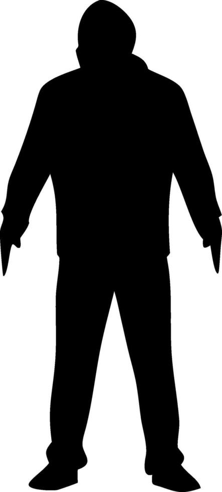 Silhouette of Mysterious Hooded Figure in Shadowy Stance for Graphic Design vector