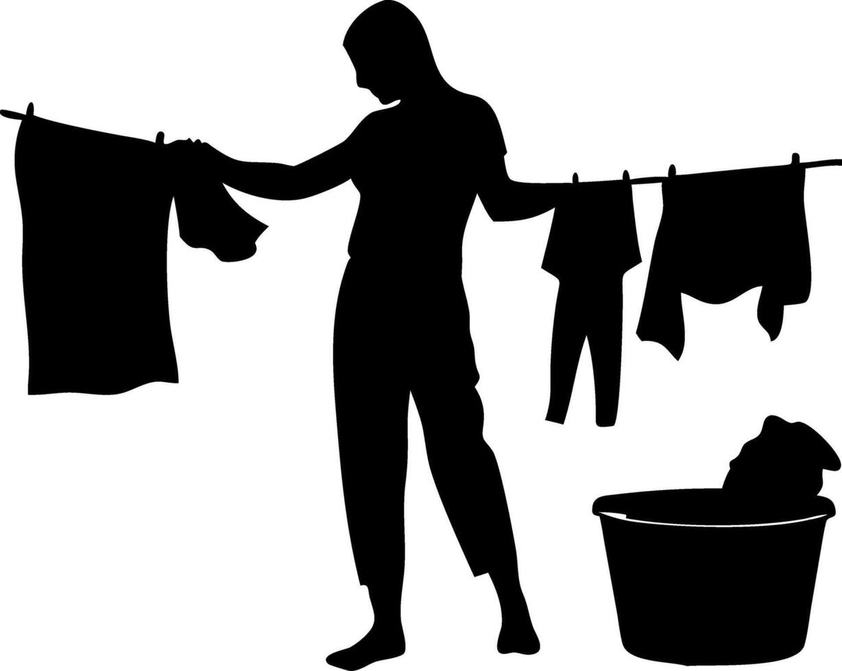 Silhouette of Person Hanging Laundry on Clothesline for Home Chores and Household Activity vector