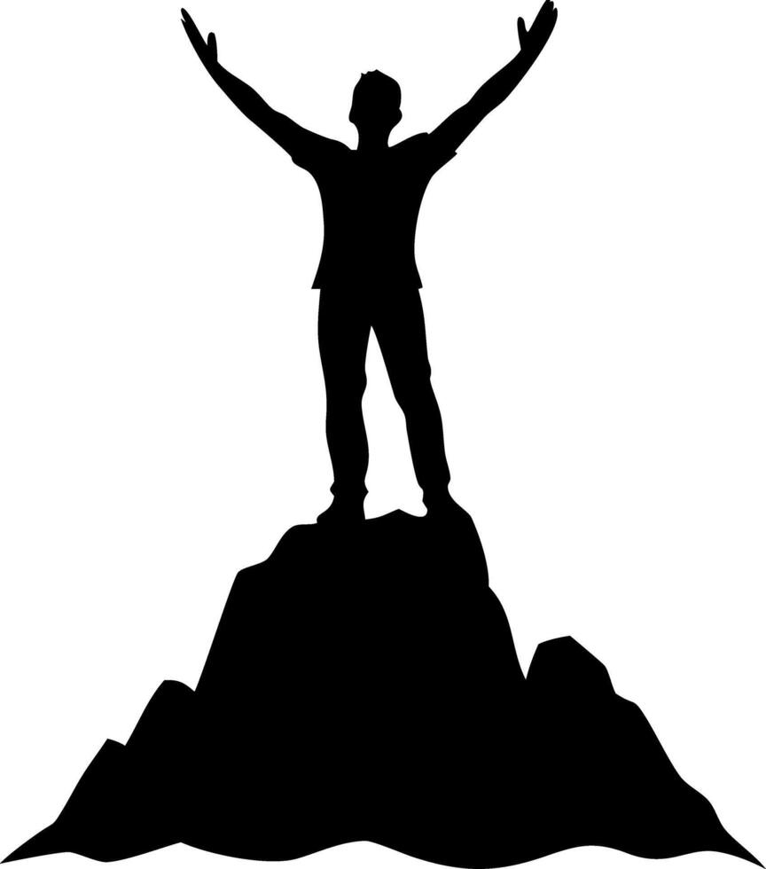 Silhouette of Person Celebrating Victory on Mountain Peak for Inspiration and Achievement Design vector