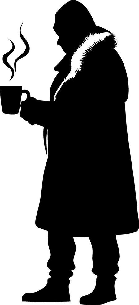 Silhouette of Person in Winter Coat Holding Steaming Mug for Warmth vector