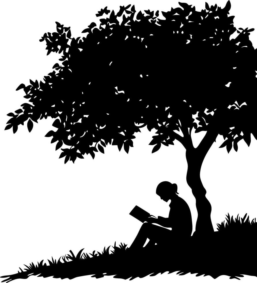 Silhouette of Person Reading Under Tree Peaceful Nature Scene Art vector