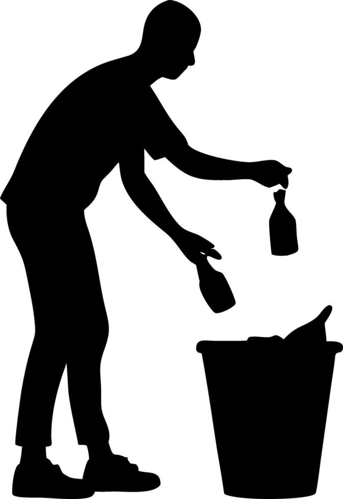 Silhouette of Person Recycling Bottles into Bin Environmental Conservation vector
