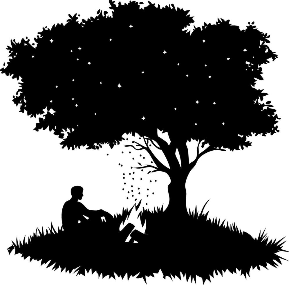 Silhouette of Person Relaxing Under Tree with Stars for Nature Retreat Illustration vector