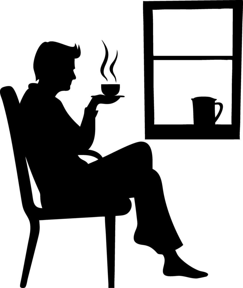 Silhouette of Person Relaxing with Hot Drink by Window vector