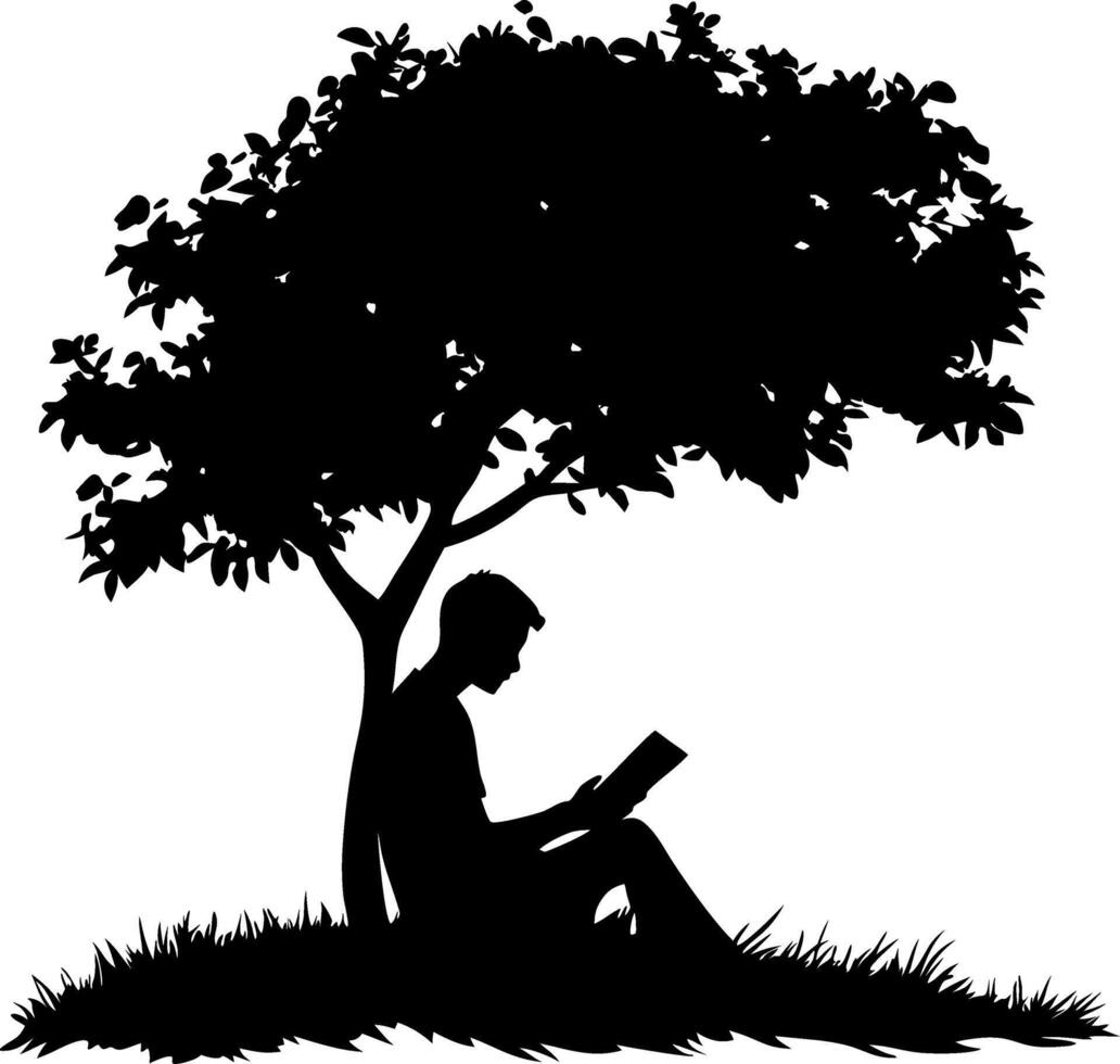 Silhouette of Person Reading Under Tree Peaceful Outdoor Scene Art vector