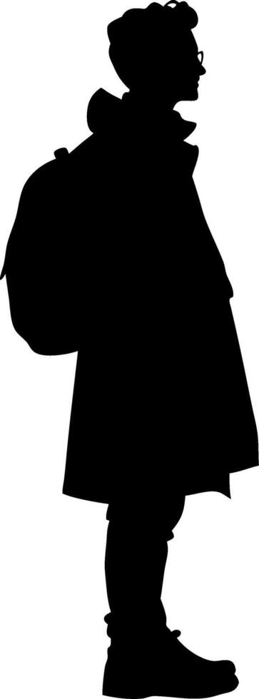 Silhouette of Person Wearing Backpack for Urban Adventure Design vector