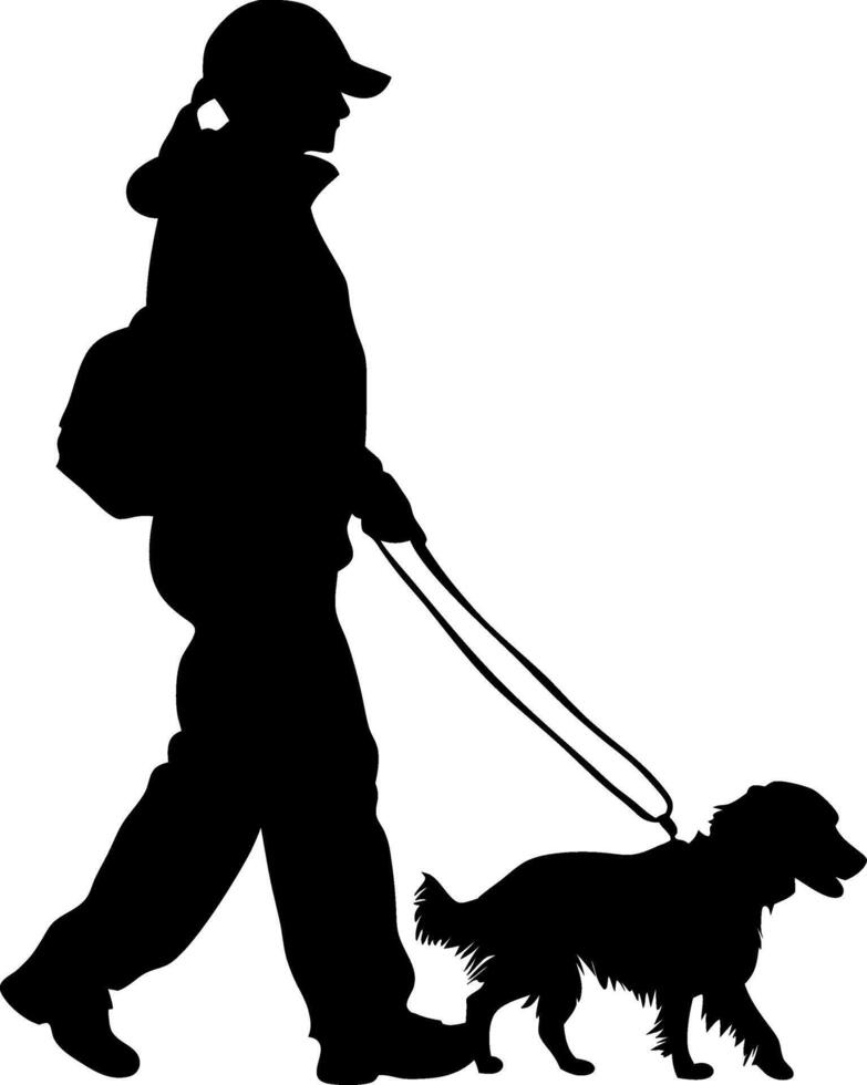 Silhouette of Person Walking Dog Outdoors on Leash Illustration vector