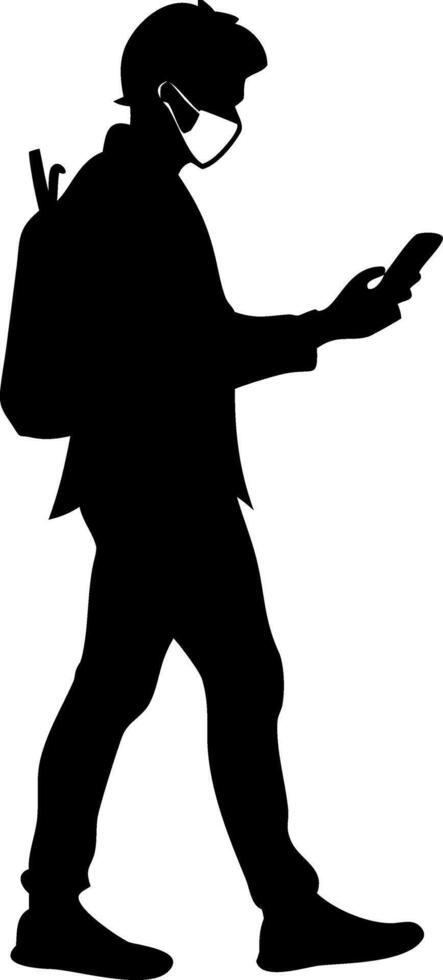 Silhouette of Person Walking with Smartphone and Backpack Wearing Mask vector