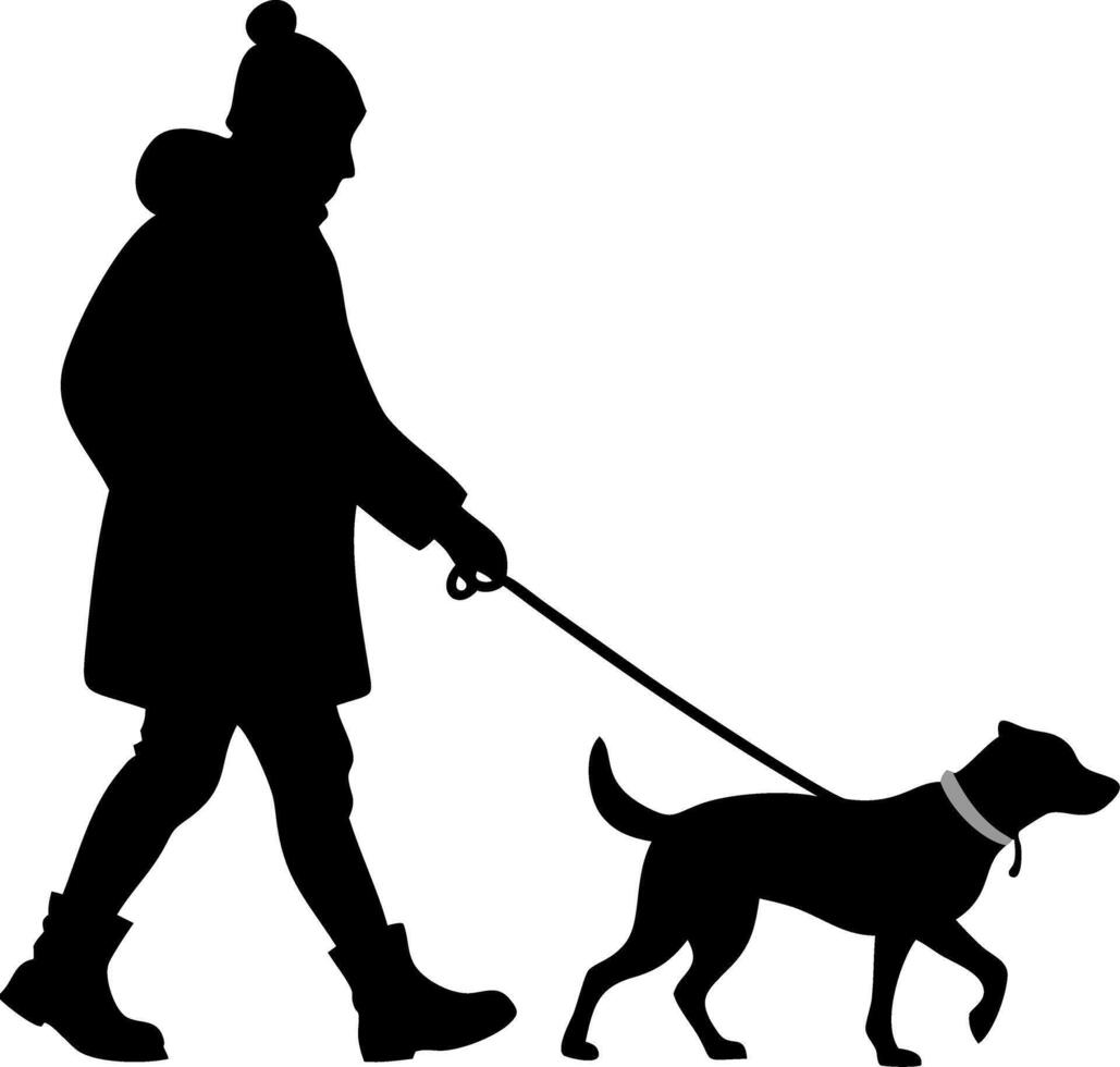 Silhouette of Person Walking Dog in Winterwear Ideal for Pet Care Designs vector