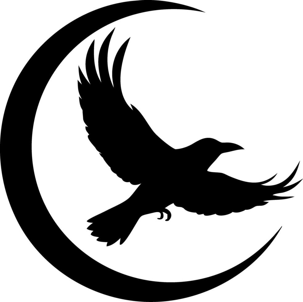 Silhouette of Raven Flying Across Crescent Moon Illustration vector