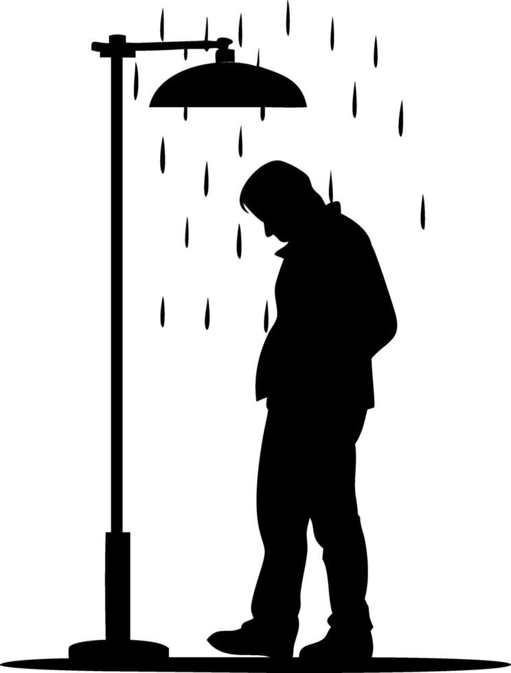 Silhouette of Sad Man Under Rain Shower for Mental Health Awareness vector