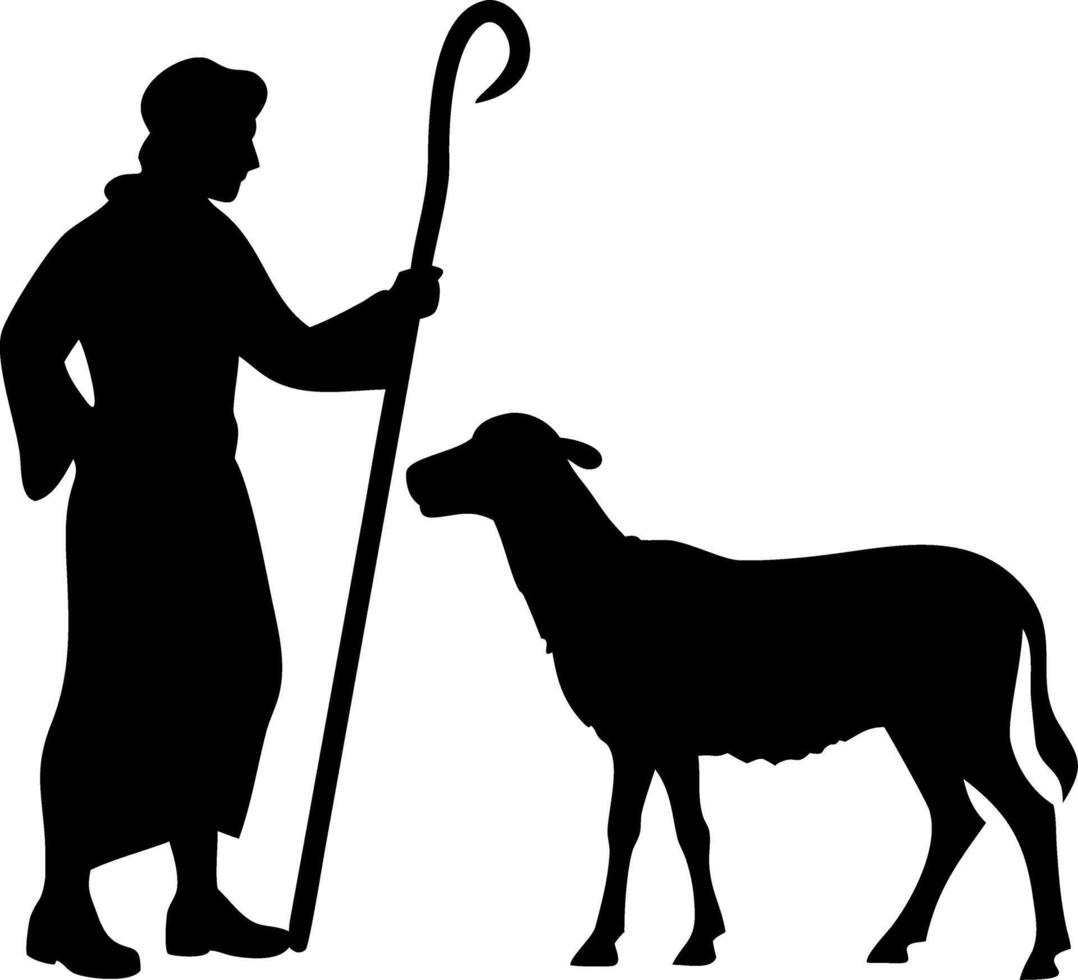 Silhouette of Shepherd Holding Staff with Sheep for Rustic Design Projects vector