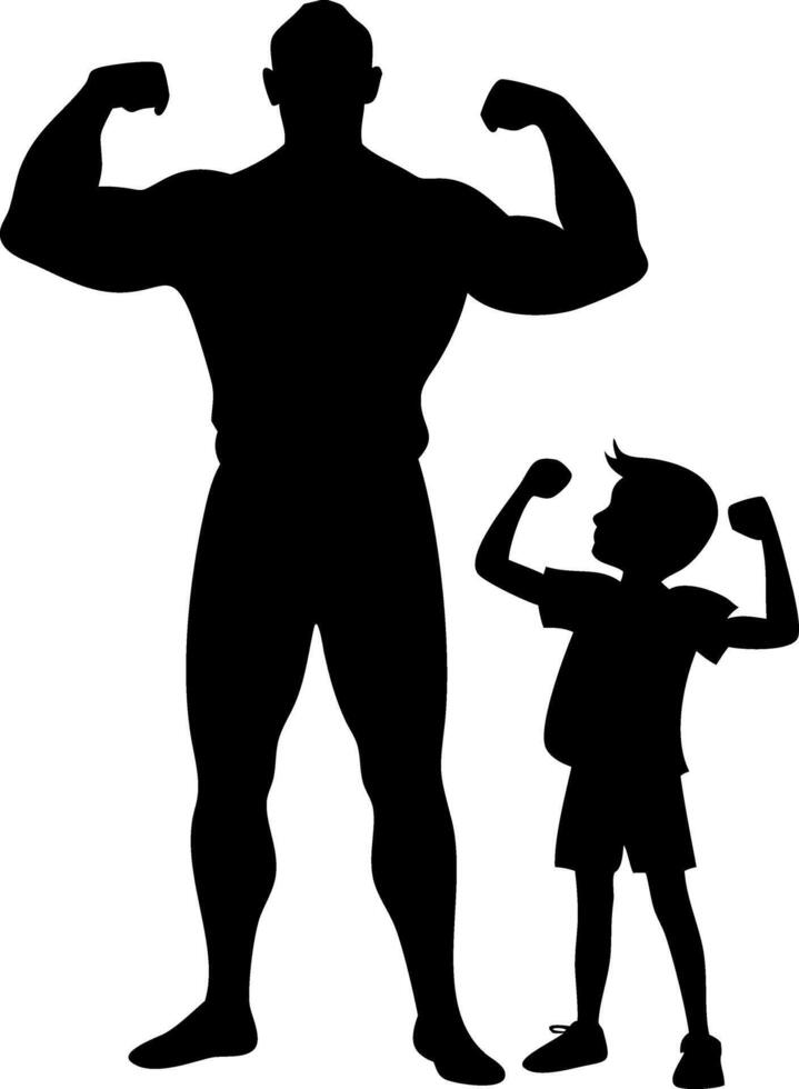 Silhouette of Strong Man and Boy Flexing Muscles Inspiring Fitness Motivation vector