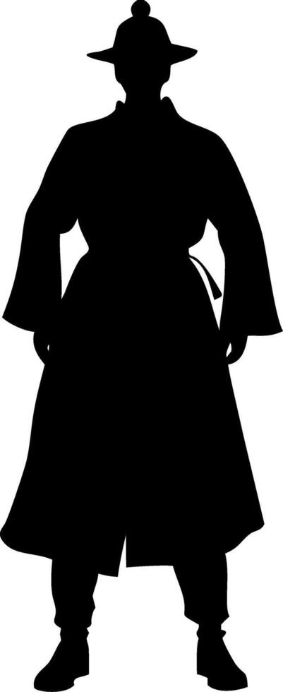 Silhouette of Traditional Asian Warrior in Robe and Hat for Illustration and Design vector