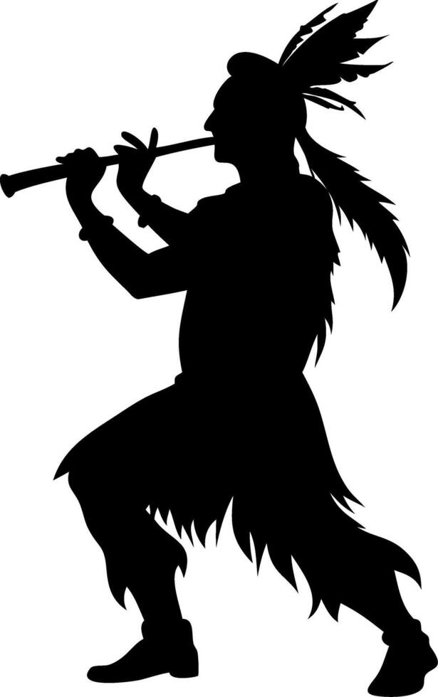 Silhouette of Traditional Flute Player in Native Headdress for Cultural Art Designs vector