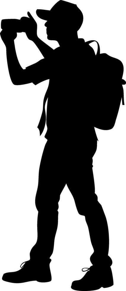 Silhouette of Traveler with Camera Capturing Adventure Moments for Design vector