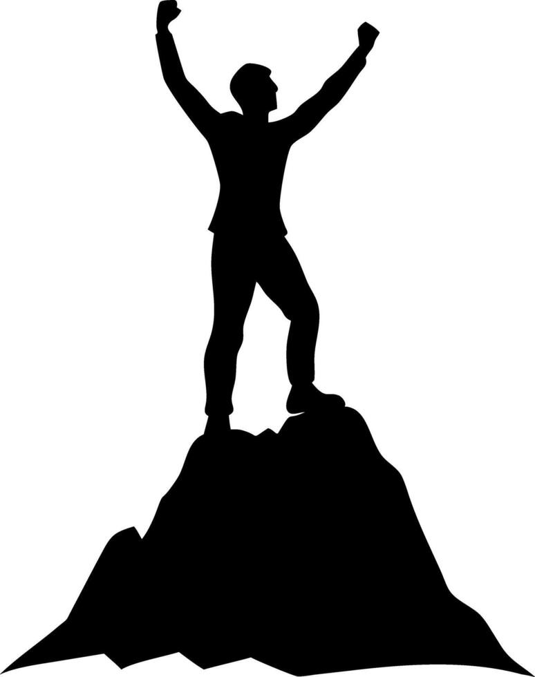 Silhouette of Triumphant Figure Standing on Mountain Peak Symbolizing Victory and Achievement vector