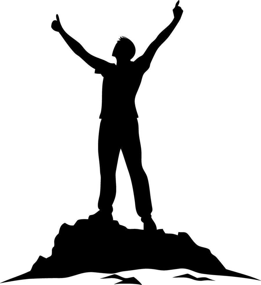 Silhouette of Triumphant Person Standing on Mountain Peak Celebrating Success vector