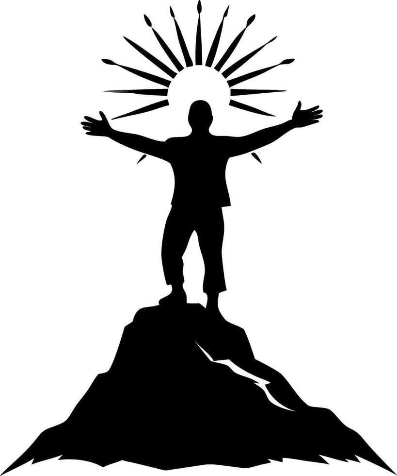 Silhouette of Triumphant Man on Mountain with Radiant Sunburst vector