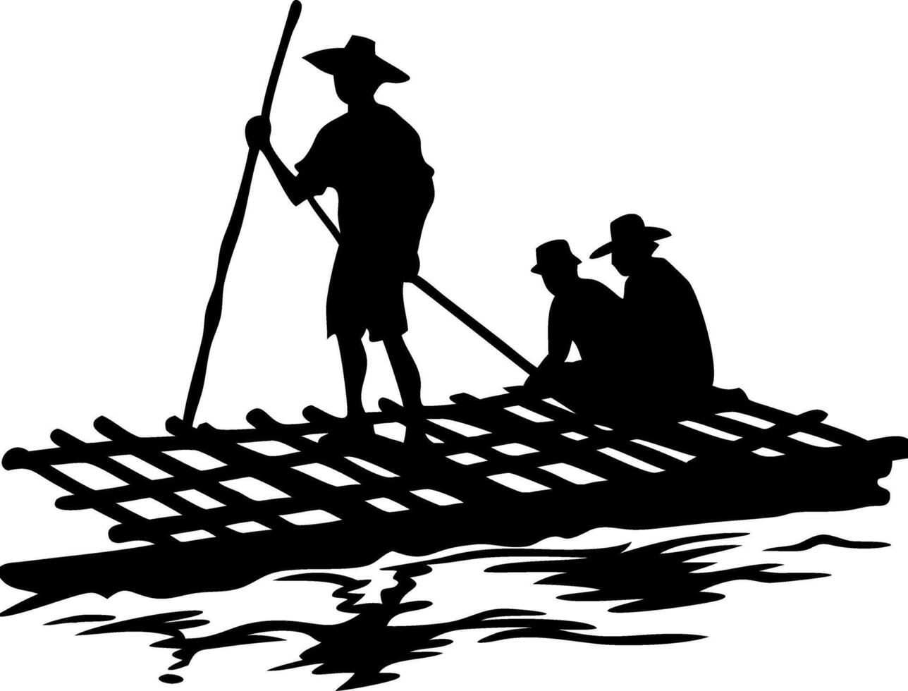 Silhouette of Traditional Raft with Three People on Water Adventure vector