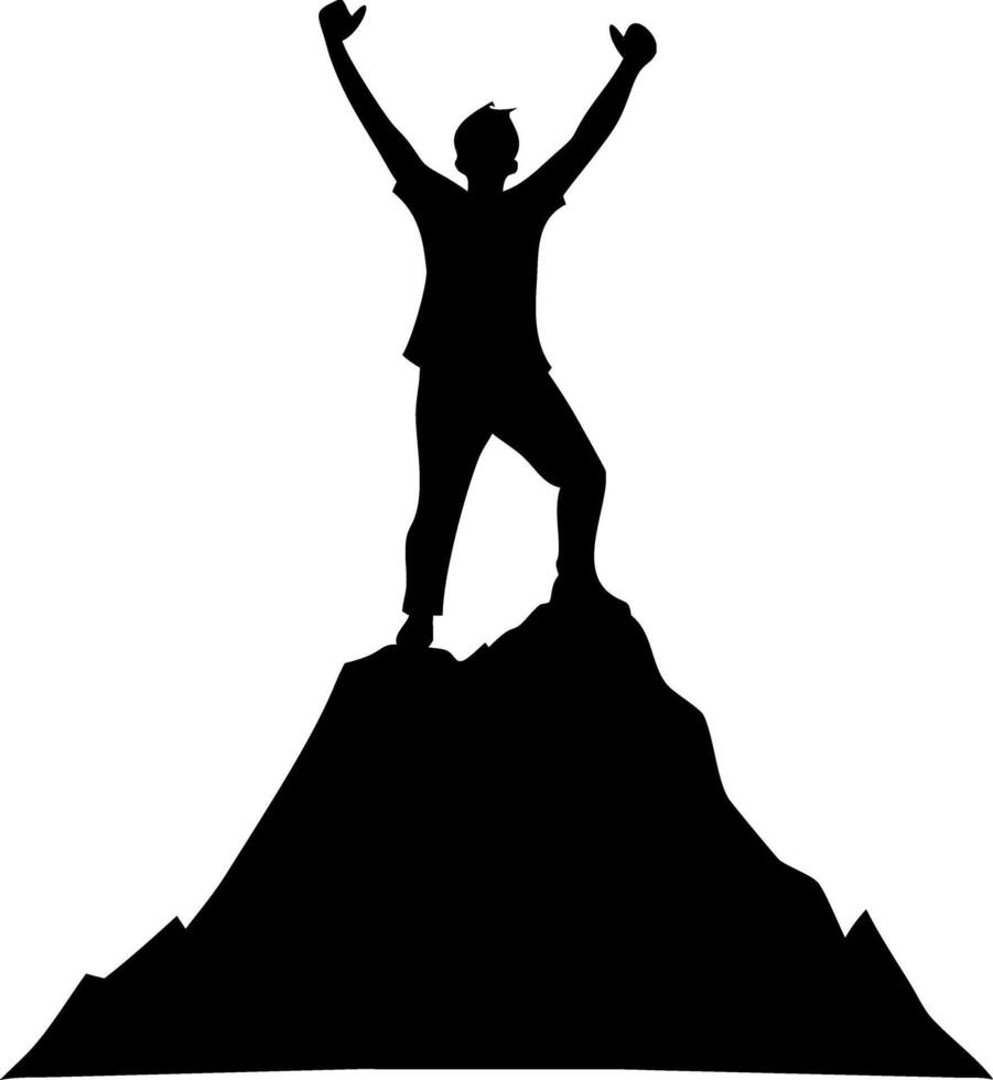 Silhouette of Victorious Person Celebrating on Mountain Peak Illustration vector
