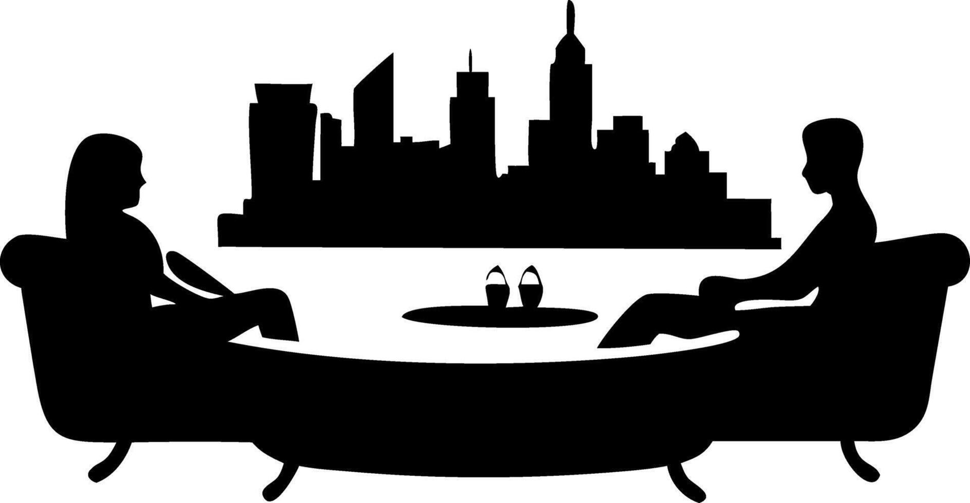 Silhouette of Two People Relaxing on Sofas with Urban Skyline Background vector
