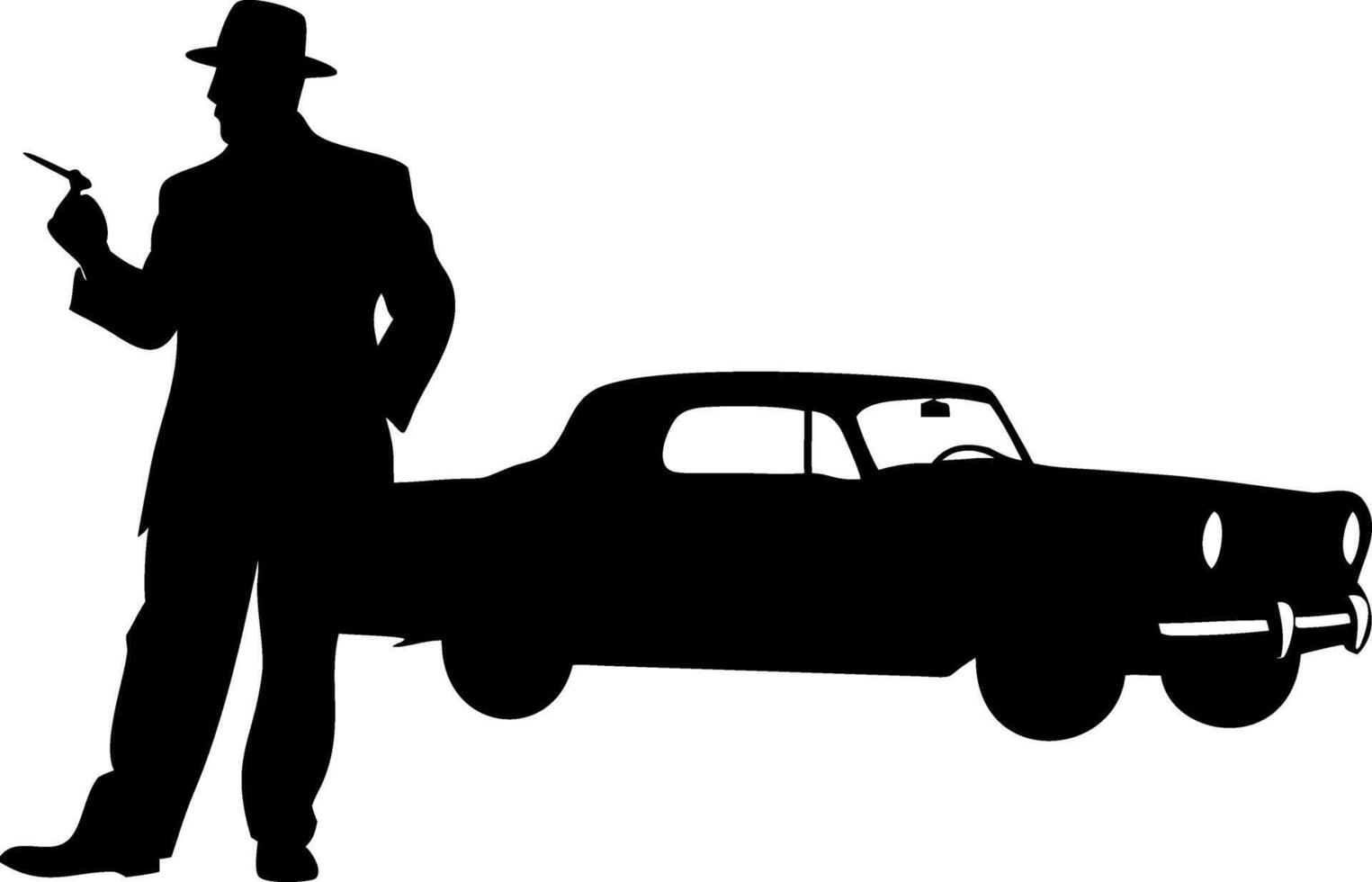 Silhouette of Vintage Car with Smoking Man in Hat for Retro Designs vector