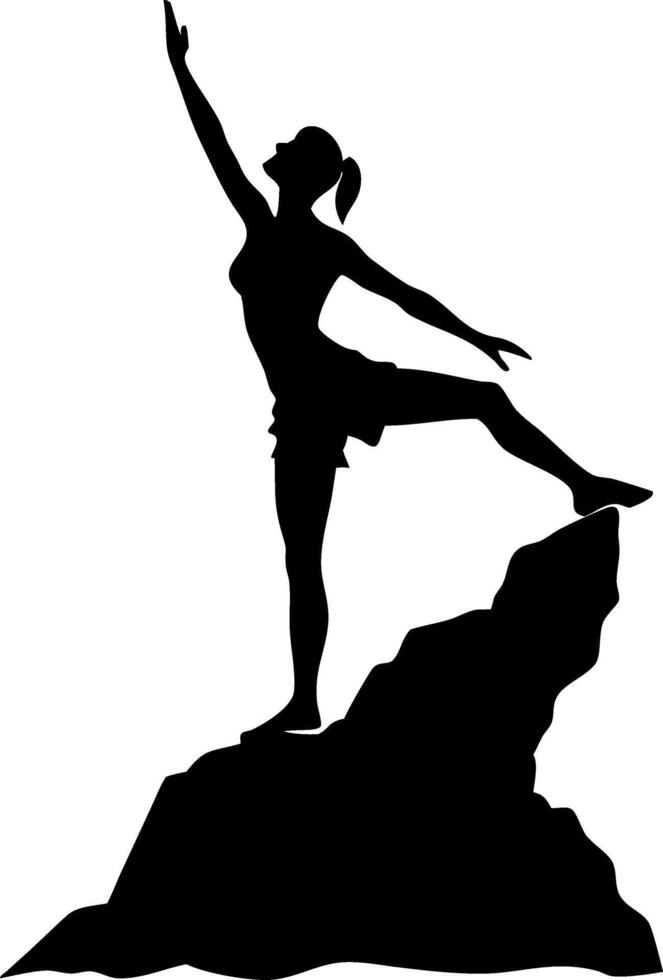 Silhouette of Woman Balancing on Rock Mountain Climber Adventure vector