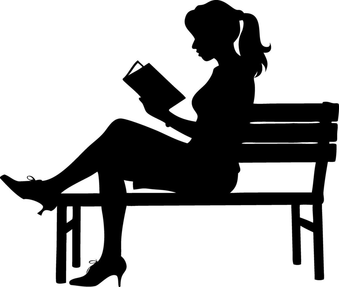 Silhouette of Woman Reading on Bench Relaxing Leisure Illustration vector