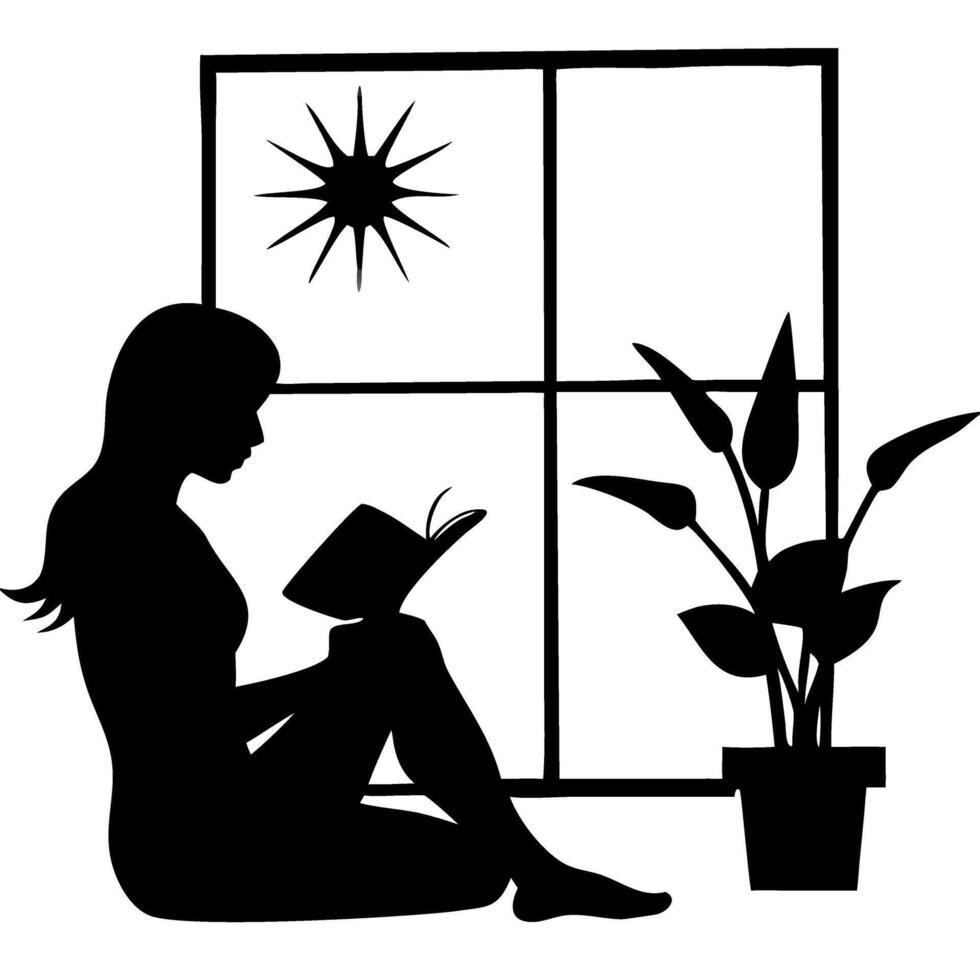 Silhouette of Woman Reading by Window with Indoor Plant and Sunlight vector