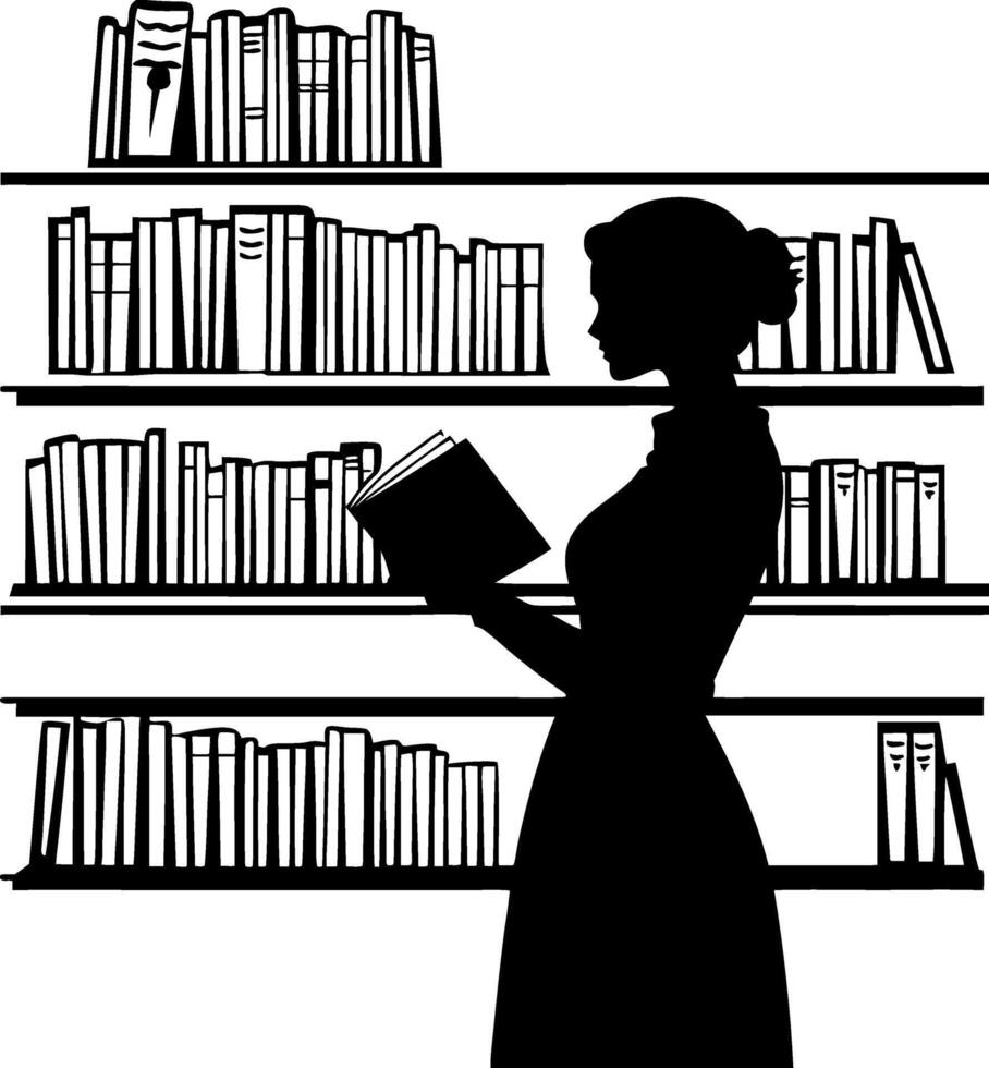 Silhouette of Woman Reading in Library for Educational and Literary Themes vector