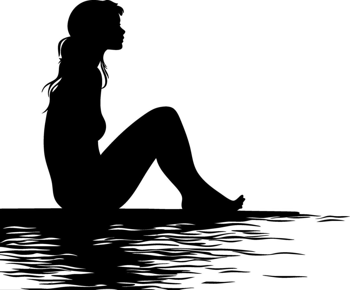 Silhouette of Woman Sitting by Water Contemplative Art Ideal for Tattoos and Wall Decor vector