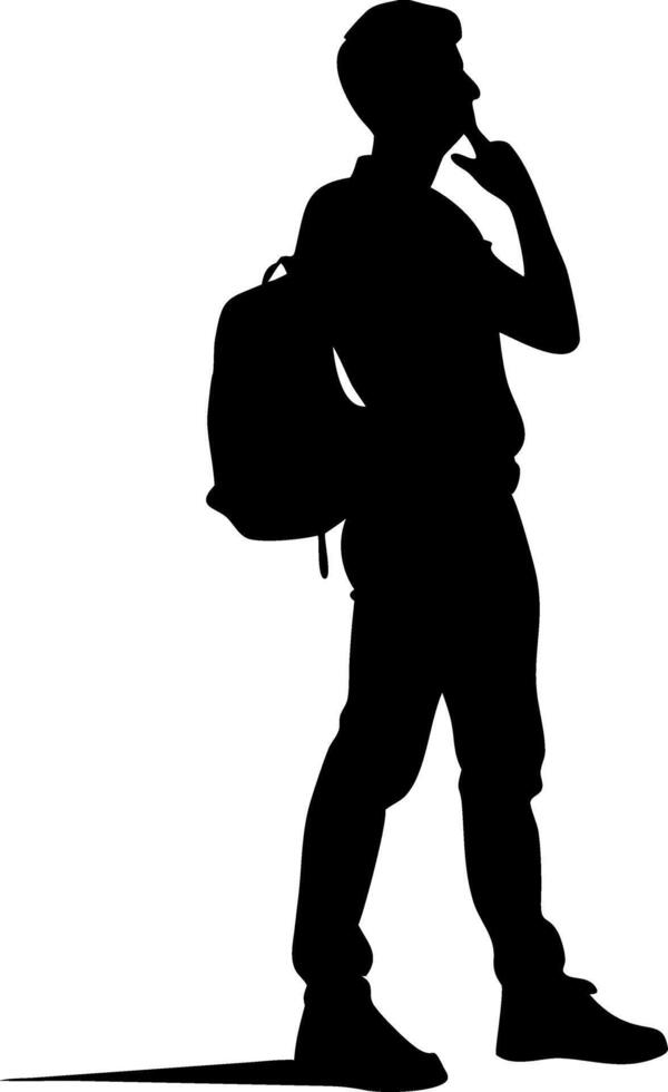 Silhouette of Young Backpacker Contemplative Pose for Travel Planning and Adventure Themes vector