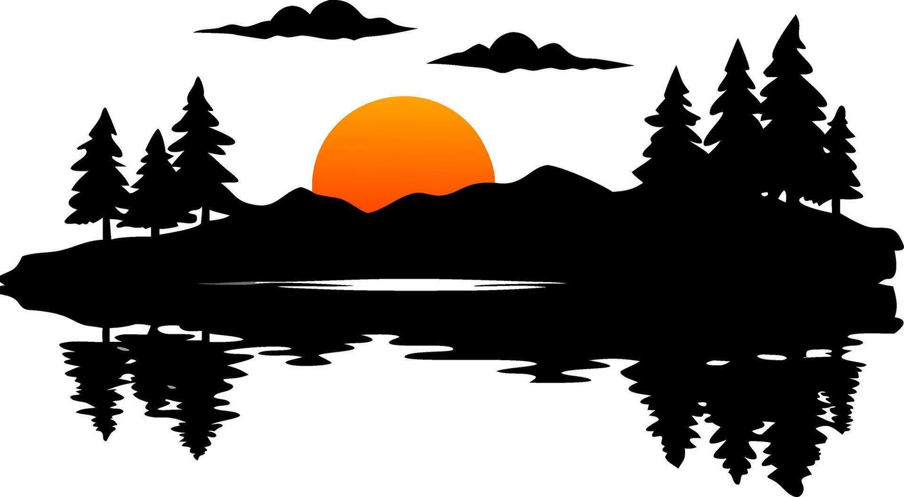 Silhouette Pine Forest Lake Sunset Reflection Scenic Nature Art vector