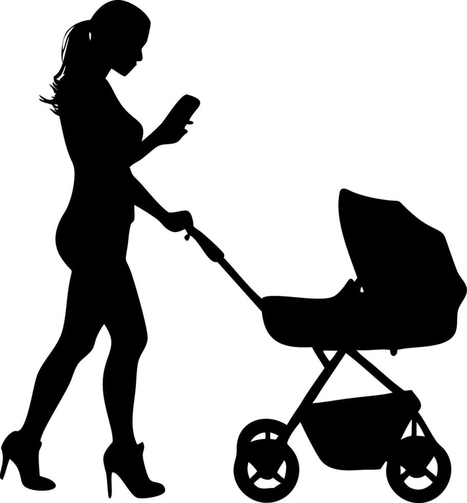 Silhouette Smartphone Using Woman Walking with Baby Stroller vector