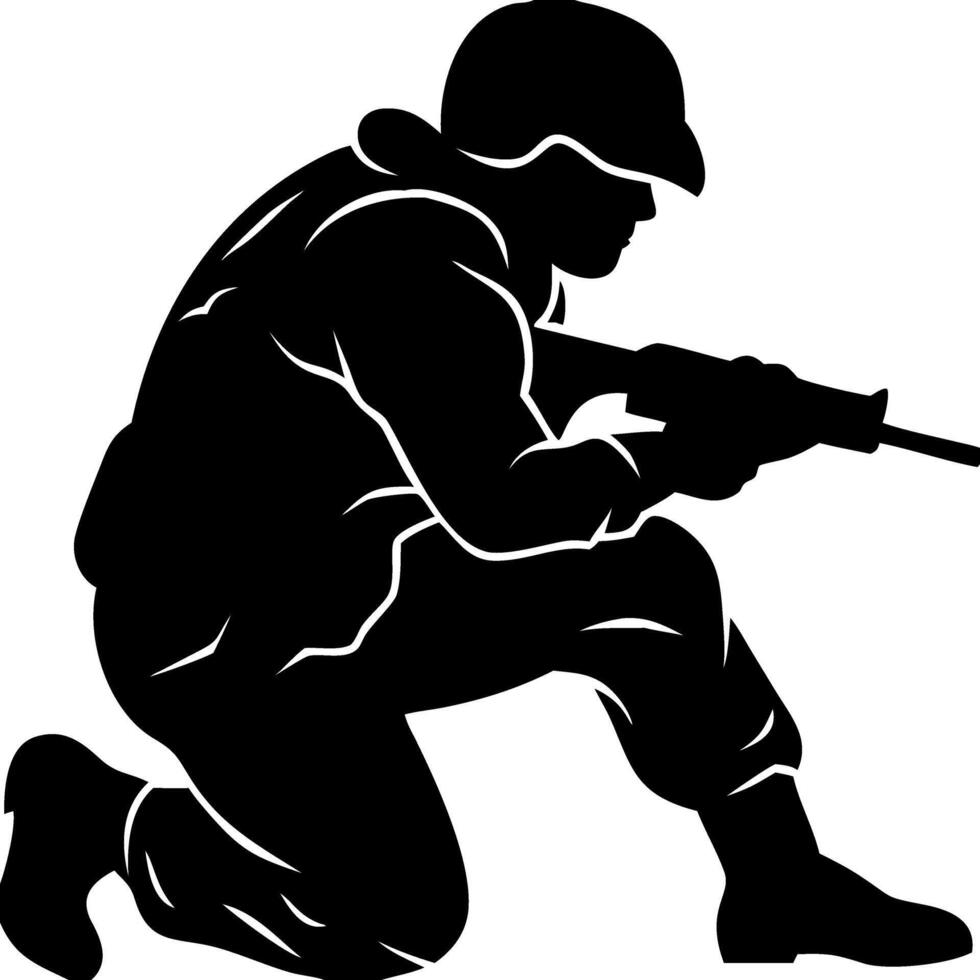 Silhouette Soldier Kneeling with Rifle for Military Design Projects vector