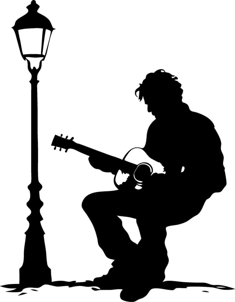 Silhouette Street Musician Playing Guitar Under Lamp Post Illustration vector