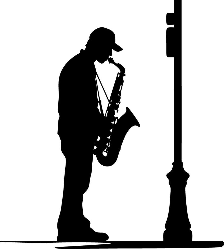 Silhouette Street Musician Playing Saxophone at Lamp Post for Urban Art Designs vector