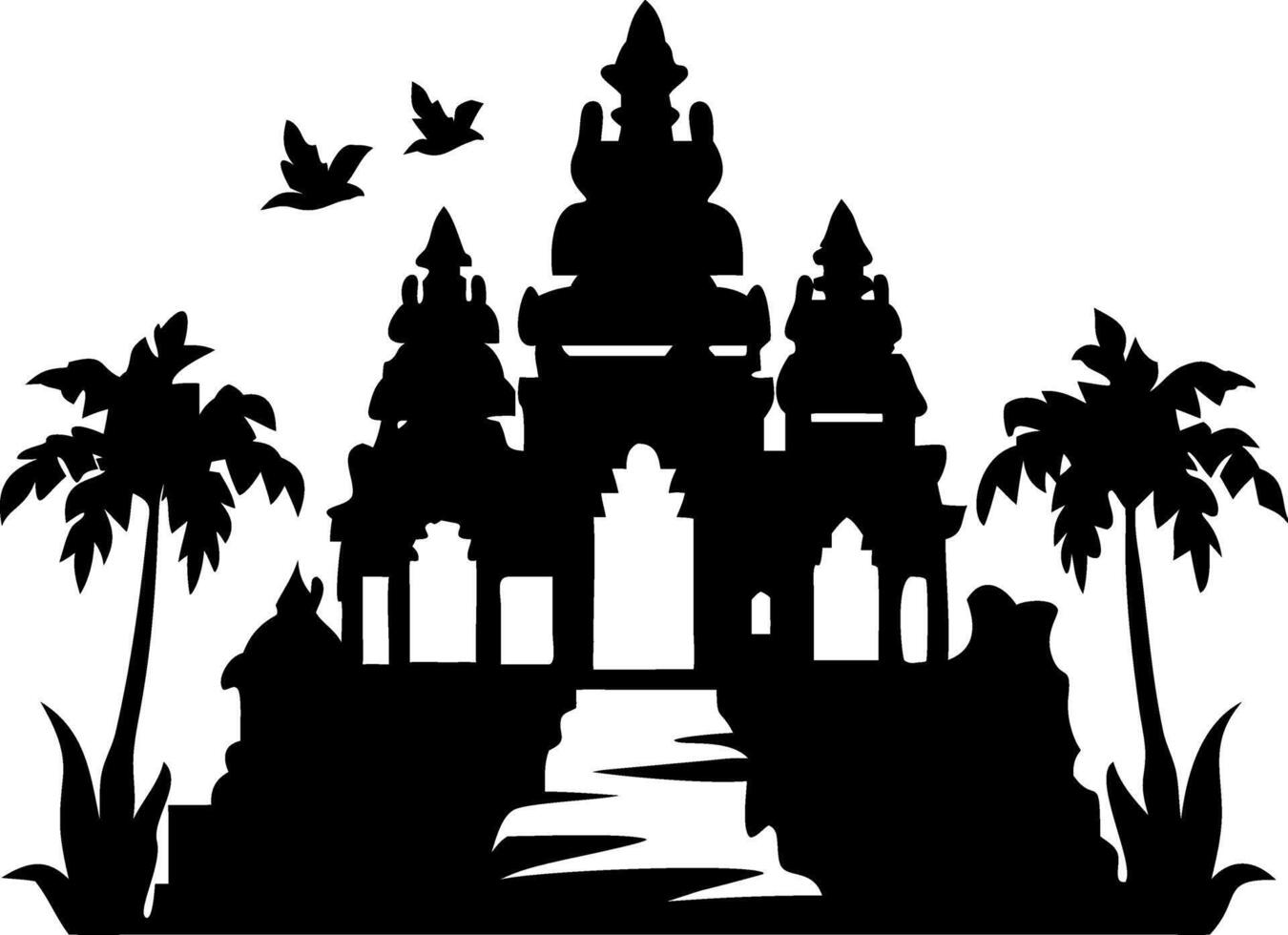 Silhouette Temple with Palm Trees and Birds for Art and Design vector