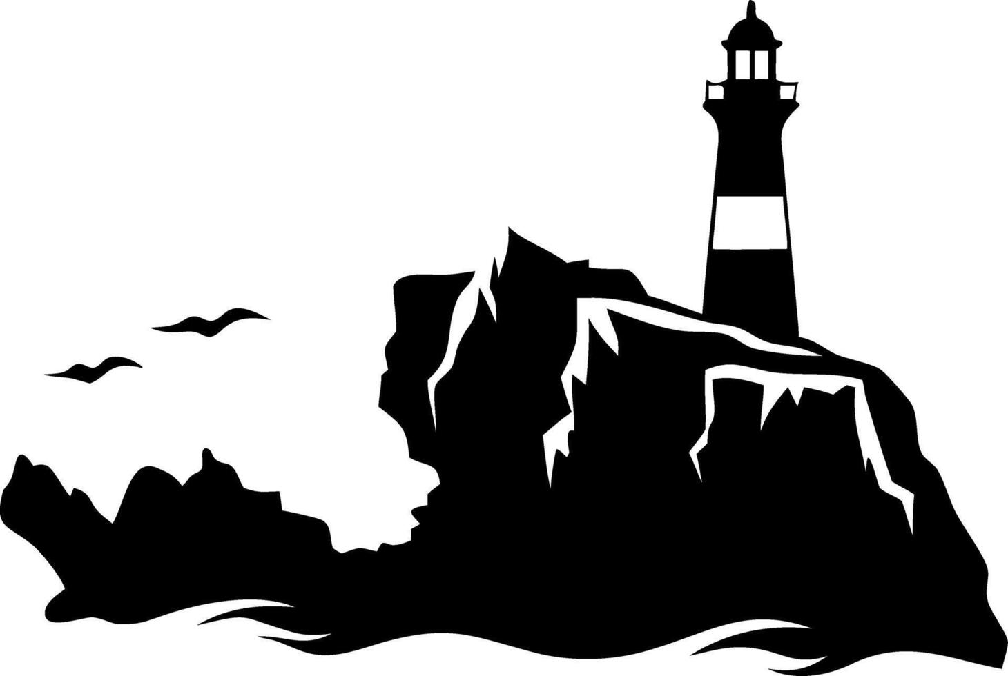 Silhouette of Lighthouse and Birds on Rocky Coastline for Nautical Decor vector